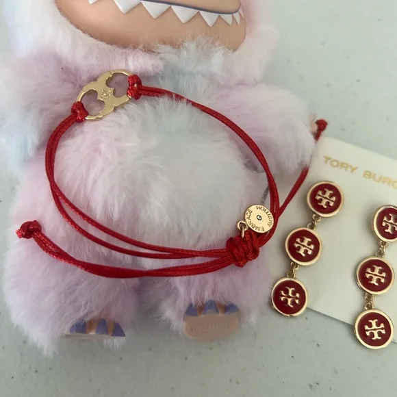 Tory Burch Gold-Tone Red Enamel Triple Drop Logo Earrings - Picture 11 of 13